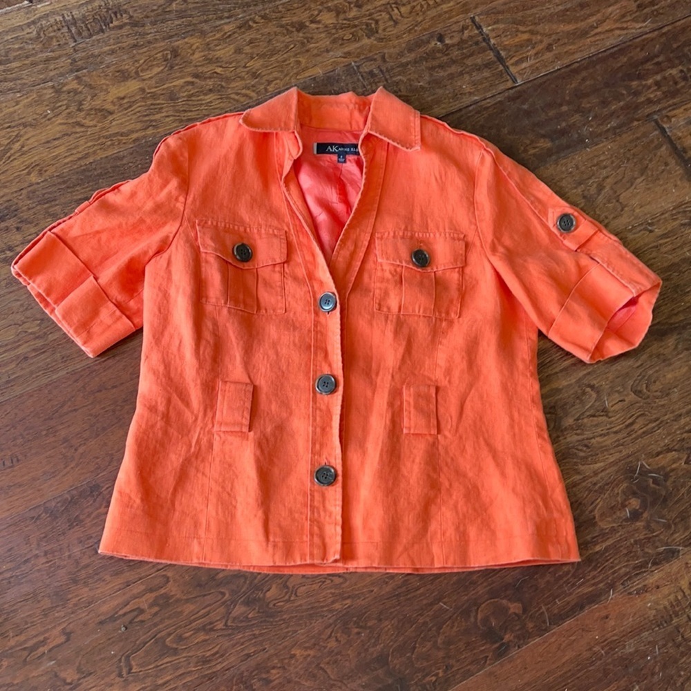 Anne Klein orange short sleeve linen top w buttons & belt loops layering piece